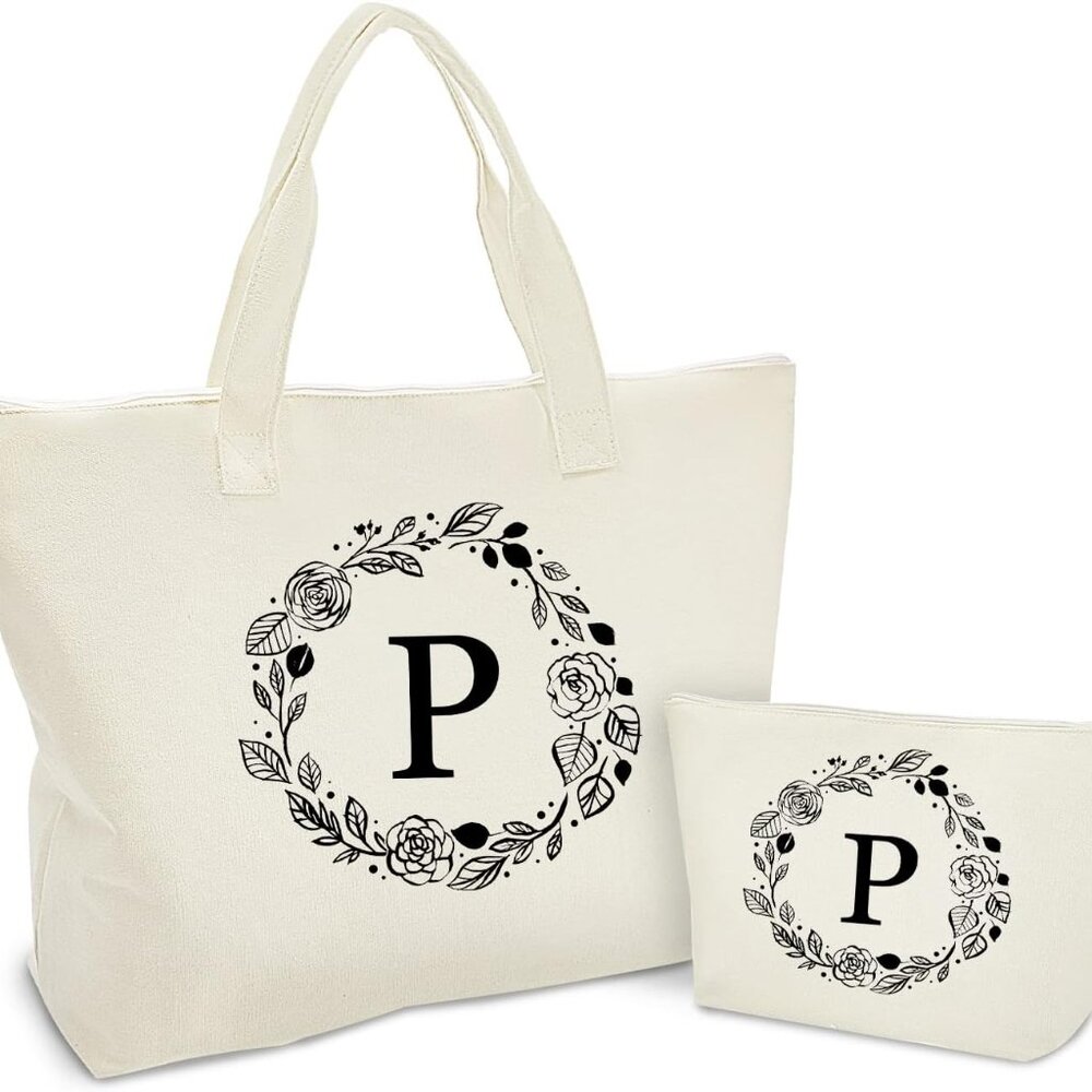 Personalized Initial Canvas Tote Bag With Zipper,… - image 1